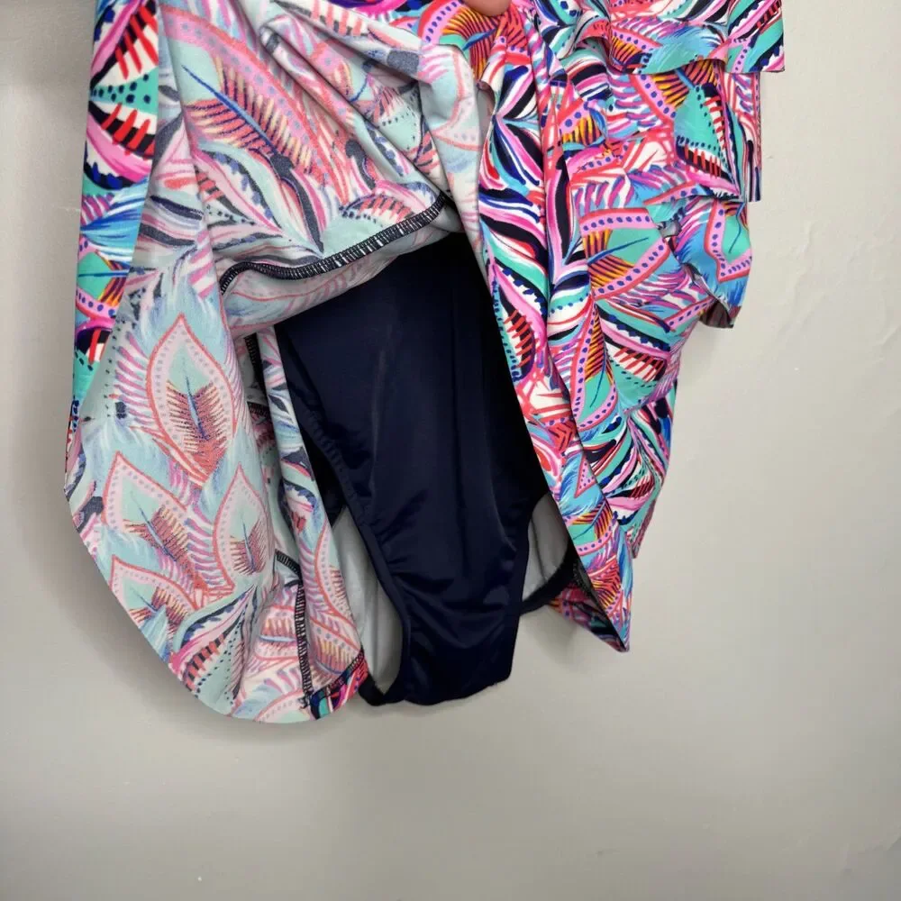 Swim Solutions Womens One Piece Bathing Suit 12 Pink Blue Tropical Tiered Resort - Picture 8 of 12